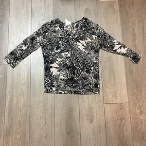 Chico’s Travelers V-Neck Black & Cream L/S Acetate Spandex Top Size 1 Small